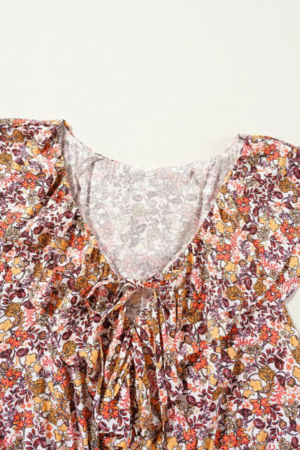 Clearance Dear-Lover Floral Print Knot V Neck Ruffled Sleeve Blouse Red