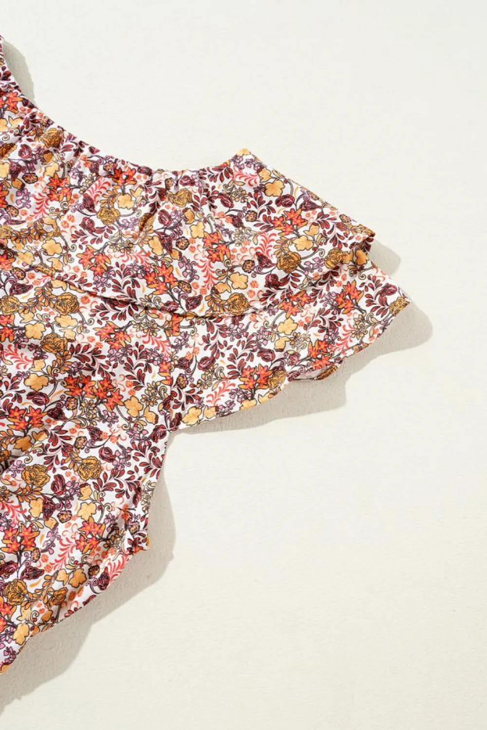 Clearance Dear-Lover Floral Print Knot V Neck Ruffled Sleeve Blouse Red