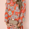 New Dear-Lover Floral Print Lapel Collar Loose Shirt Mini Dress Red