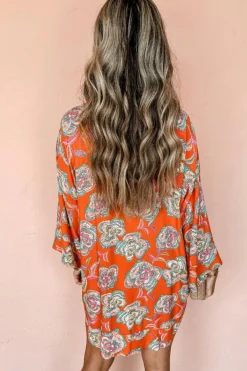 New Dear-Lover Floral Print Lapel Collar Loose Shirt Mini Dress Red