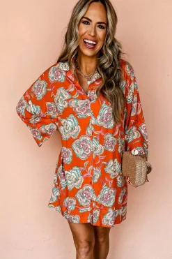 New Dear-Lover Floral Print Lapel Collar Loose Shirt Mini Dress Red
