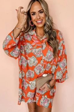 New Dear-Lover Floral Print Lapel Collar Loose Shirt Mini Dress Red