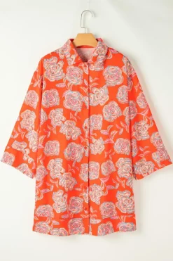 New Dear-Lover Floral Print Lapel Collar Loose Shirt Mini Dress Red
