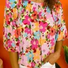Online Dear-Lover Floral Print Puff Sleeve Pleated Elastic Neckline Blouse Red