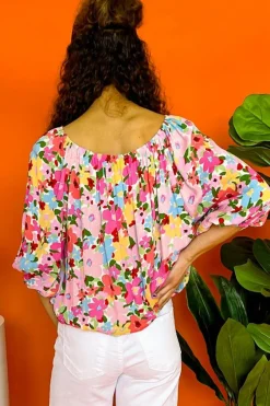 Online Dear-Lover Floral Print Puff Sleeve Pleated Elastic Neckline Blouse Red