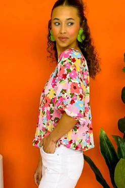 Online Dear-Lover Floral Print Puff Sleeve Pleated Elastic Neckline Blouse Red