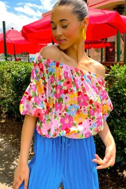 Online Dear-Lover Floral Print Puff Sleeve Pleated Elastic Neckline Blouse Red