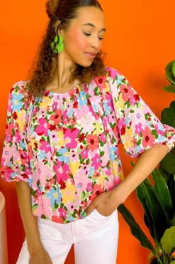 Online Dear-Lover Floral Print Puff Sleeve Pleated Elastic Neckline Blouse Red