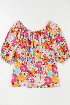Online Dear-Lover Floral Print Puff Sleeve Pleated Elastic Neckline Blouse Red