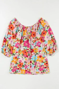 Online Dear-Lover Floral Print Puff Sleeve Pleated Elastic Neckline Blouse Red