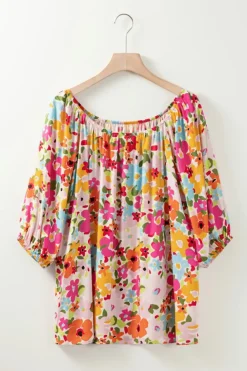 Online Dear-Lover Floral Print Puff Sleeve Pleated Elastic Neckline Blouse Red