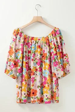 Online Dear-Lover Floral Print Puff Sleeve Pleated Elastic Neckline Blouse Red
