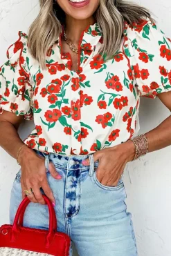 Fashion Dear-Lover Floral Print Ruffled Puff Sleeve Elegant Summer Shirt Red