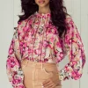 Sale Dear-Lover Floral Print Ruffled Stitch Buttoned Loose Fit Shirt Red