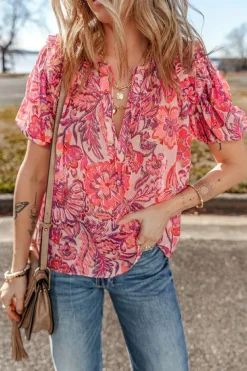 Hot Dear-Lover Floral Print Ruffled Puff Short Sleeve Blouse Red