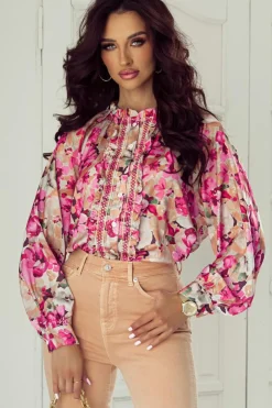 Sale Dear-Lover Floral Print Ruffled Stitch Buttoned Loose Fit Shirt Red