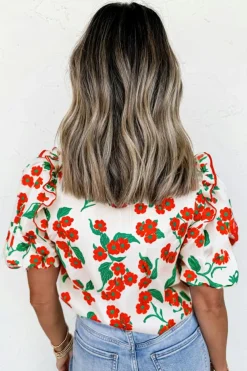 Fashion Dear-Lover Floral Print Ruffled Puff Sleeve Elegant Summer Shirt Red