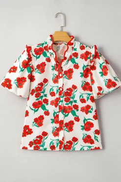 Fashion Dear-Lover Floral Print Ruffled Puff Sleeve Elegant Summer Shirt Red