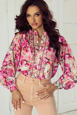Sale Dear-Lover Floral Print Ruffled Stitch Buttoned Loose Fit Shirt Red