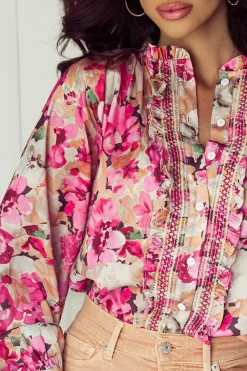 Sale Dear-Lover Floral Print Ruffled Stitch Buttoned Loose Fit Shirt Red