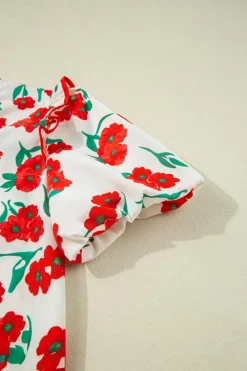Fashion Dear-Lover Floral Print Ruffled Puff Sleeve Elegant Summer Shirt Red