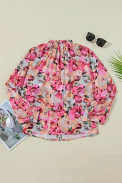 Sale Dear-Lover Floral Print Ruffled Stitch Buttoned Loose Fit Shirt Red