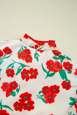 Fashion Dear-Lover Floral Print Ruffled Puff Sleeve Elegant Summer Shirt Red