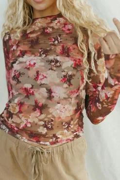 Sale Dear-Lover Floral Print Sheer Mesh Long Sleeve Top Red