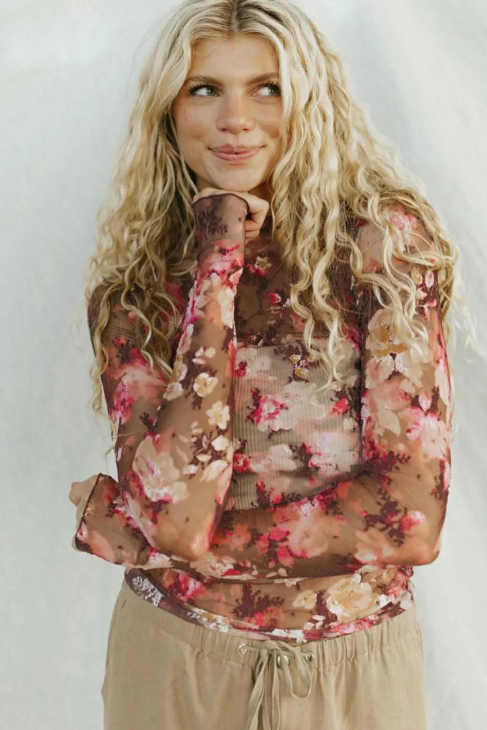 Sale Dear-Lover Floral Print Sheer Mesh Long Sleeve Top Red