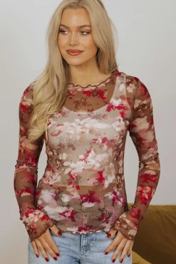 Sale Dear-Lover Floral Print Sheer Mesh Long Sleeve Top Red