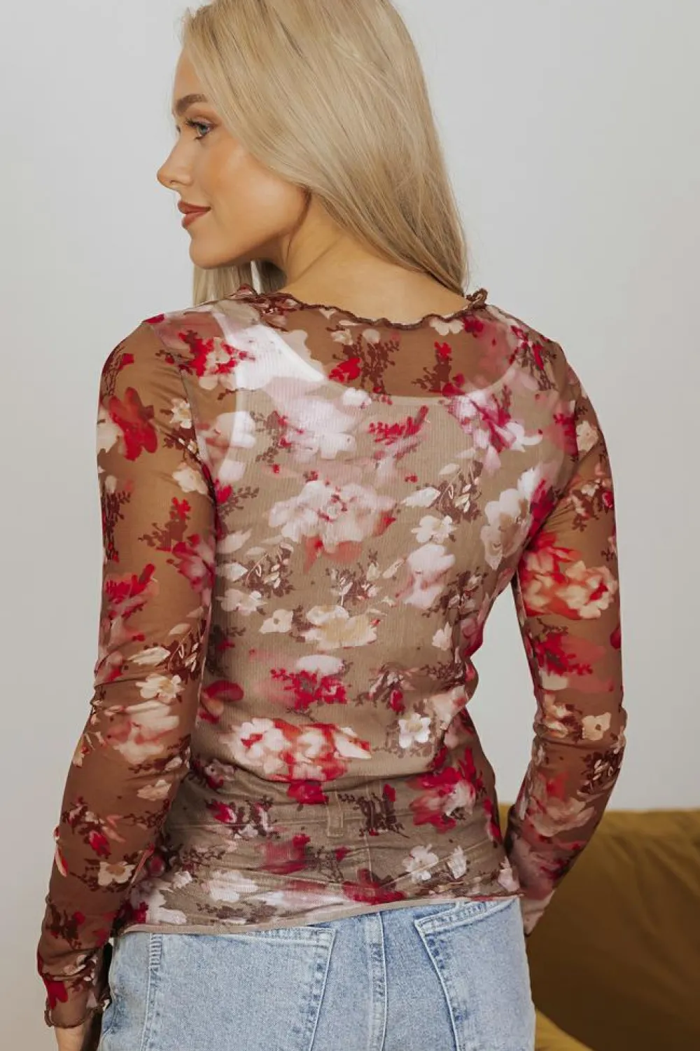 Sale Dear-Lover Floral Print Sheer Mesh Long Sleeve Top Red