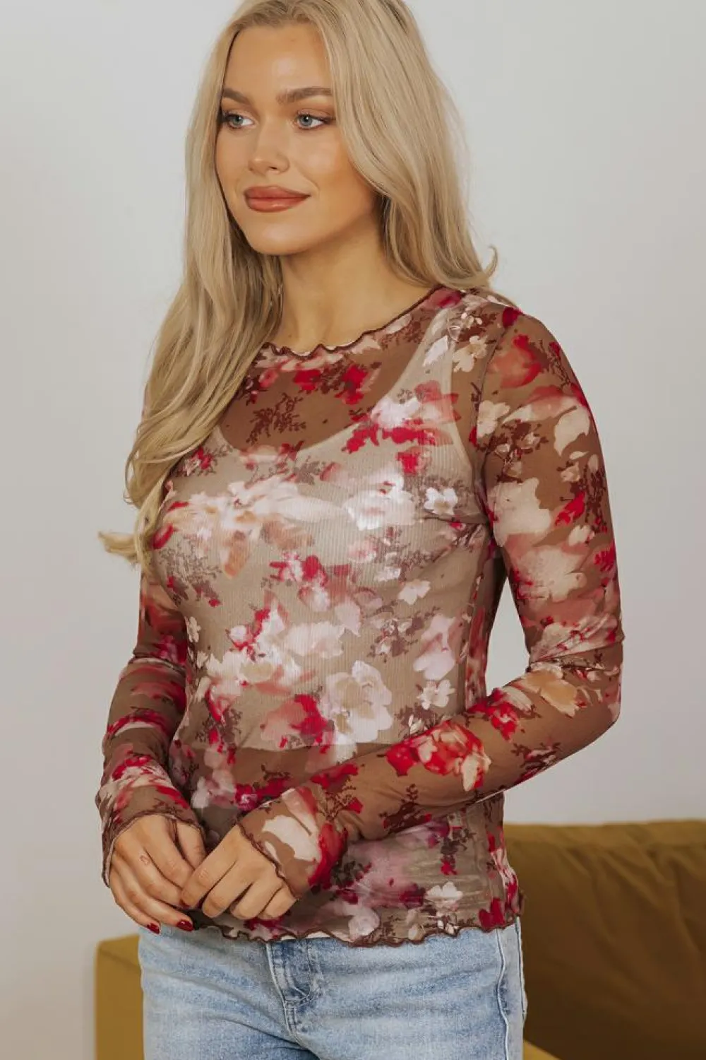 Sale Dear-Lover Floral Print Sheer Mesh Long Sleeve Top Red