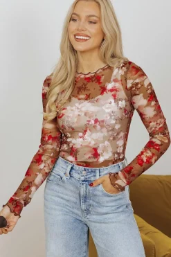 Sale Dear-Lover Floral Print Sheer Mesh Long Sleeve Top Red