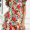 Sale Dear-Lover Floral Print Shir Flutter Sleeve Shift Mini Dress Red