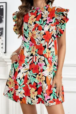 Sale Dear-Lover Floral Print Shir Flutter Sleeve Shift Mini Dress Red