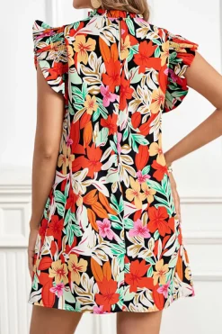 Sale Dear-Lover Floral Print Shir Flutter Sleeve Shift Mini Dress Red