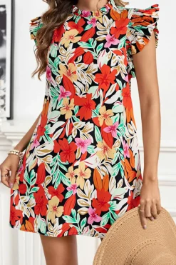 Sale Dear-Lover Floral Print Shir Flutter Sleeve Shift Mini Dress Red