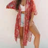 New Dear-Lover Floral Print Side Slit Open Front Long Kimono Red