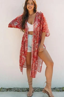 New Dear-Lover Floral Print Side Slit Open Front Long Kimono Red