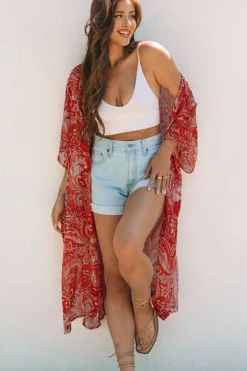 New Dear-Lover Floral Print Side Slit Open Front Long Kimono Red
