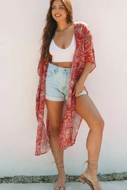 New Dear-Lover Floral Print Side Slit Open Front Long Kimono Red