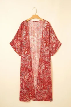 New Dear-Lover Floral Print Side Slit Open Front Long Kimono Red