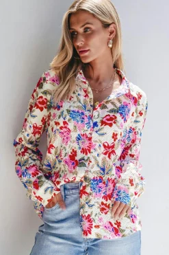 Hot Dear-Lover Floral Print Slim Fit Buttoned Turn Down Collar Shirt Red