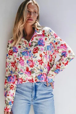 Hot Dear-Lover Floral Print Slim Fit Buttoned Turn Down Collar Shirt Red