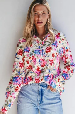 Hot Dear-Lover Floral Print Slim Fit Buttoned Turn Down Collar Shirt Red