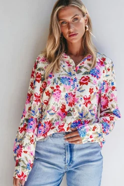 Hot Dear-Lover Floral Print Slim Fit Buttoned Turn Down Collar Shirt Red