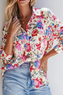 Hot Dear-Lover Floral Print Slim Fit Buttoned Turn Down Collar Shirt Red