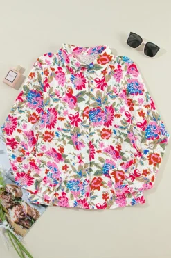 Hot Dear-Lover Floral Print Slim Fit Buttoned Turn Down Collar Shirt Red