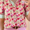 Outlet Dear-Lover Floral Print Striped Patchwork Colla Short Sleeve Blouse Red