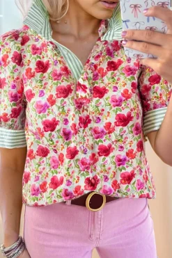 Outlet Dear-Lover Floral Print Striped Patchwork Colla Short Sleeve Blouse Red